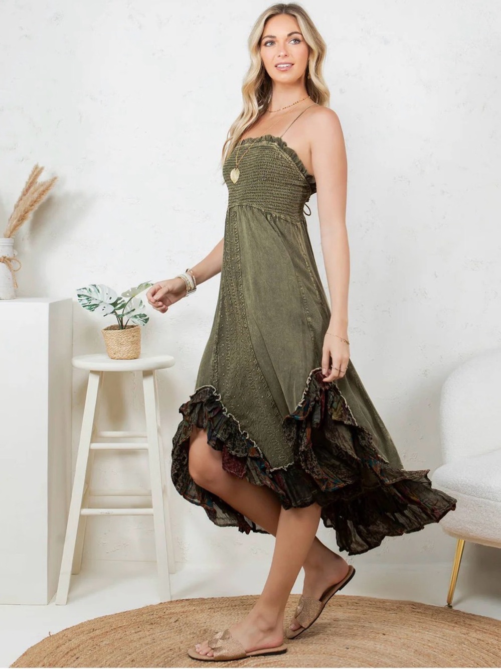 K173 Young Threads Sz Lg Olive Ruffle Midi Dress Asymmetrical Hem Pockets NWT